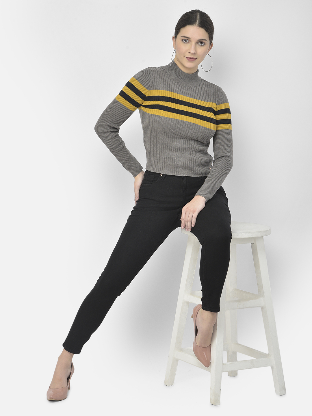 Numero Uno Women Striped Grey Sweater
